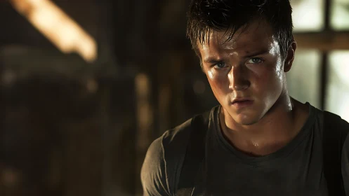 Sweat soaked young man stares forward under harsh light