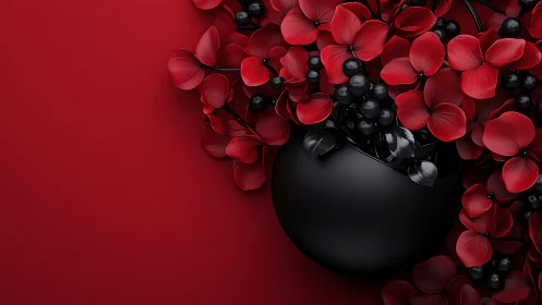 Black Vase with Red Petals and Berries Against Crimson Wall
