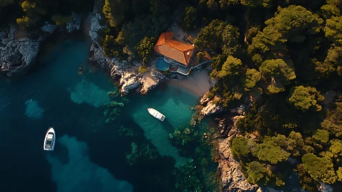 Aerial Cove: Twin Motorboats Anchored by Terracotta House in Forested Inlet