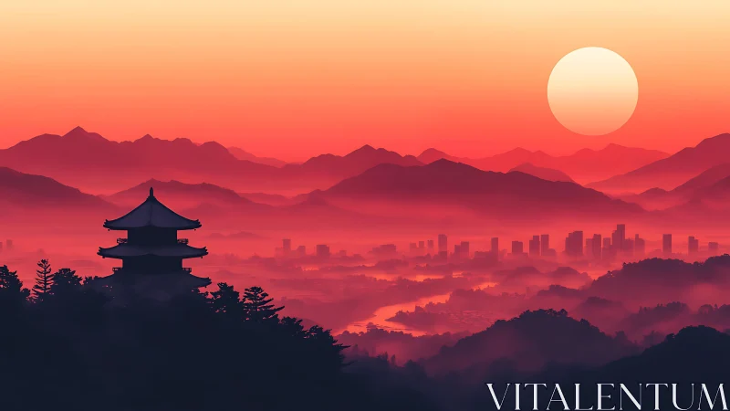 Digital landscape shows layered mountains and urban skyline