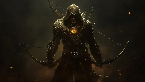 Hooded fantasy archer emerges from shadows with twin bows.