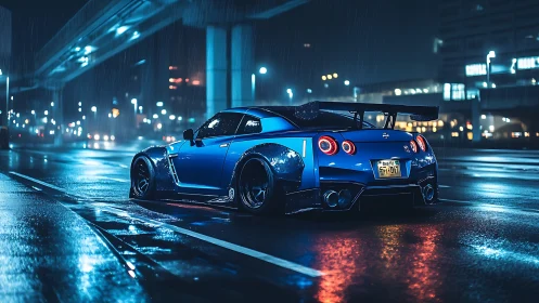 Midnight blue street missile hums under neon rainlight glow