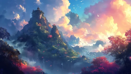 Mythic mountain sanctuary under luminous sunrise clouds.