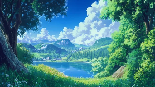 Anime pastoral riverside landscape with layered foliage depth.