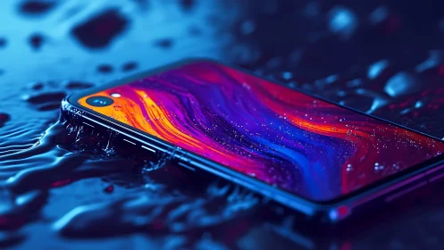 Sleek smartphone rests in vibrant water with glowing colors
