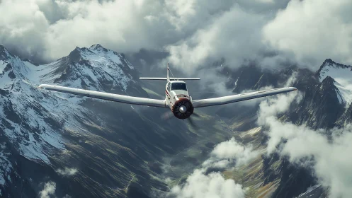 Single propeller aircraft proceeds over alpine valley terrain