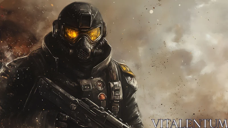 Armored trooper advances through burning battlefield haze.