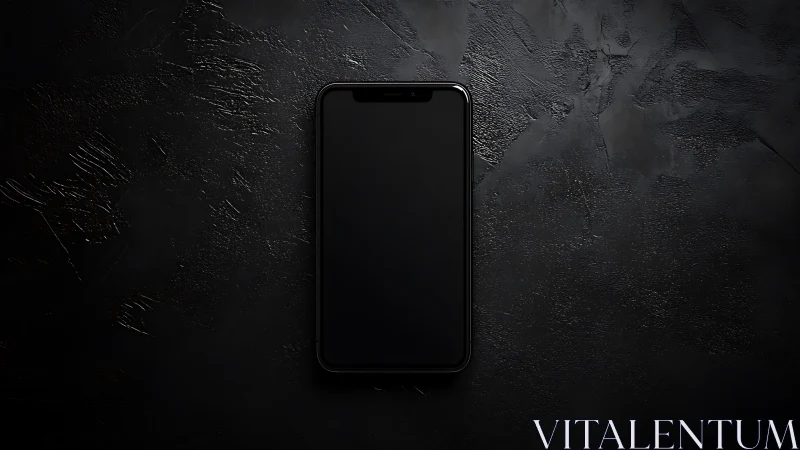 Black smartphone mockup on dark textured surface.