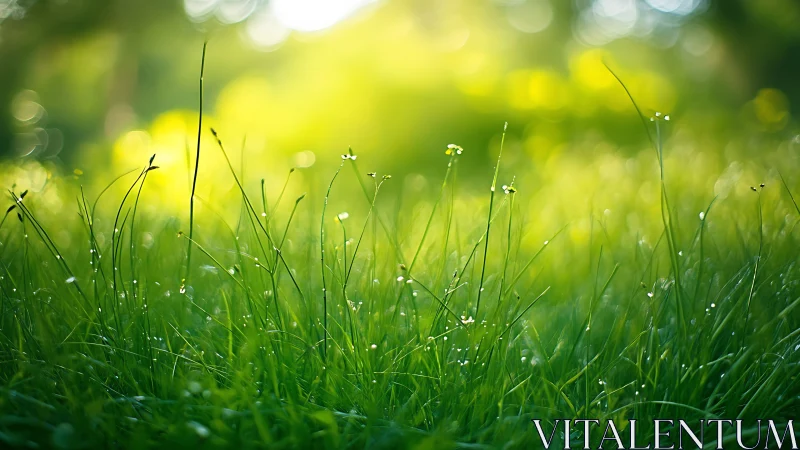 Dewlit meadow blades bask under sunrise’s soft green hush.