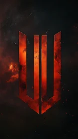 Abstract red metal emblem over dark smoky background.