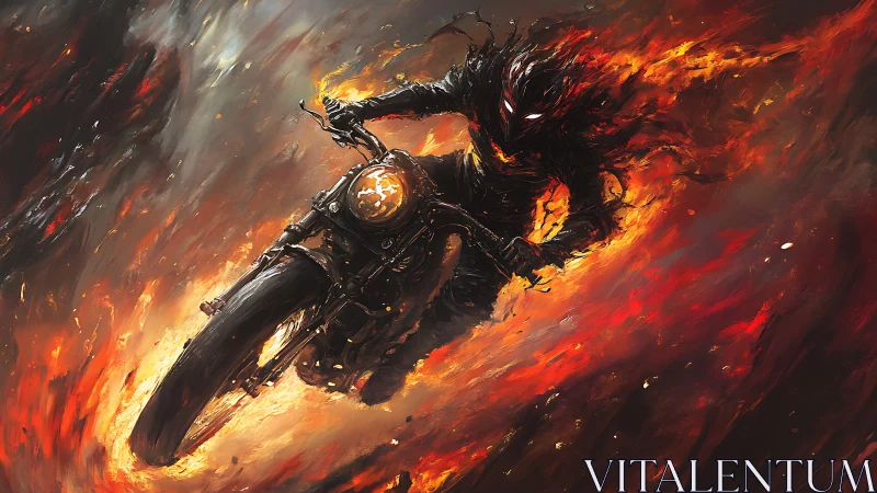 Fiery demon rider charging forward on burning motorcycle.