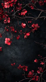 Red Blossoms Against Black Textured Ground.