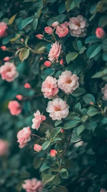 Cascade of Blush: Where Rose Buds Dream in Teal Reverie.