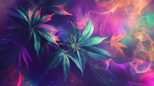 Dreamy neon leaves drifting through a glowing cosmic haze.