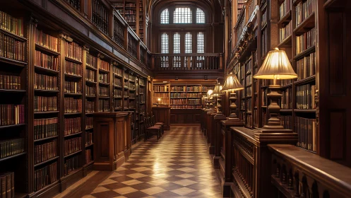 Photorealistic mahogany library interior with axial perspective.