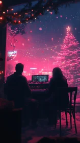 Two musicians share a neon Christmas piano duet at dusk