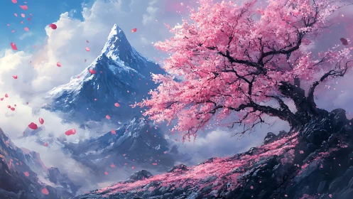 Snowcapped mountain with solitary cherry tree in bloom.