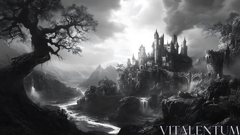 Stormlit fantasy castle rises above misty river valley