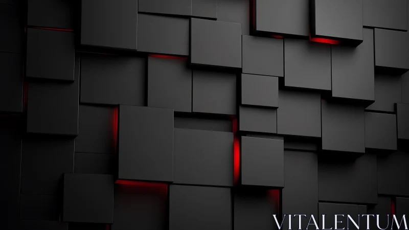 Futuristic black geometric cubes with red glowing accents, 3D style.