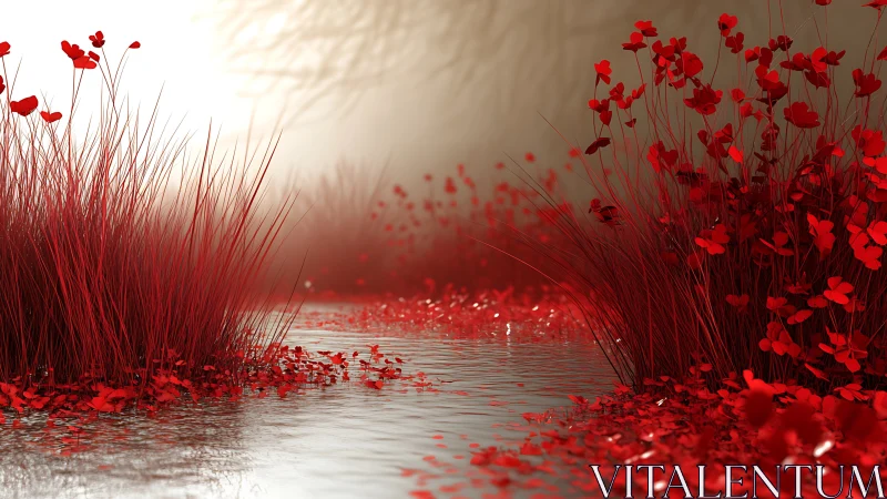 Crimson riverbank grasses glow under soft diffused light.