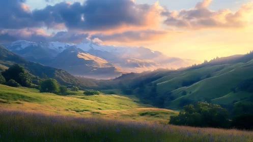 Sunlit hills whisper toward distant snow crowned peaks