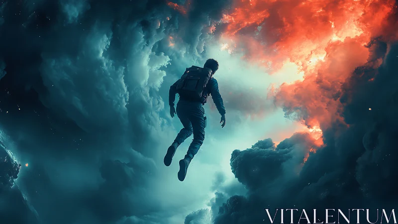 A lone dreamer walks between stormy sky and cosmic fire