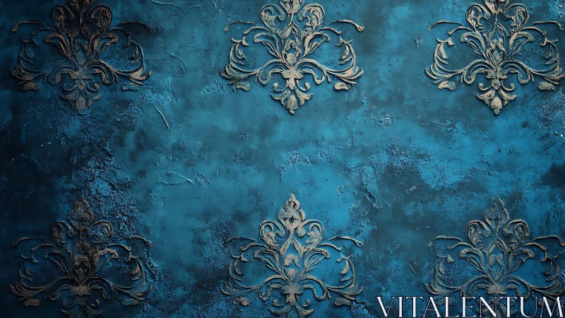 Textured blue surface presents repeated relief damask motifs