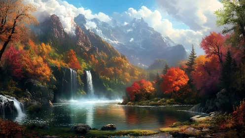 Autumn waterfalls whisper beneath snow-crowned mountain guardians