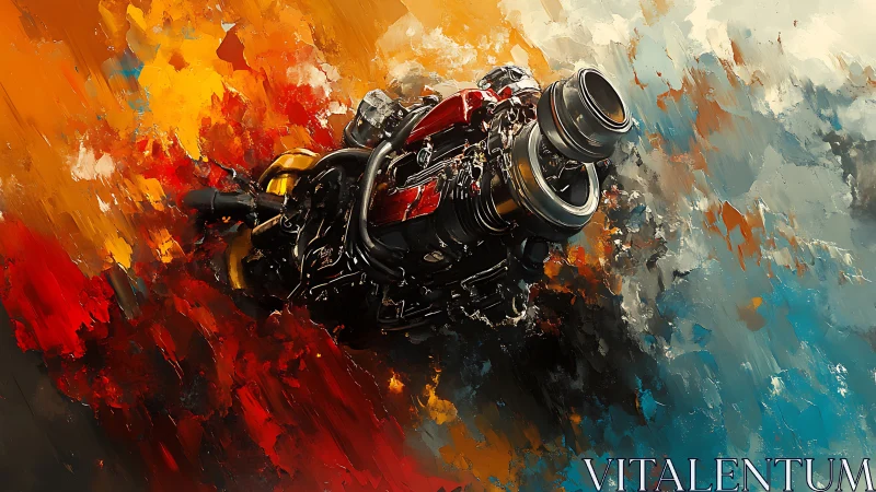 Mechanical heart explodes through molten abstract color field.