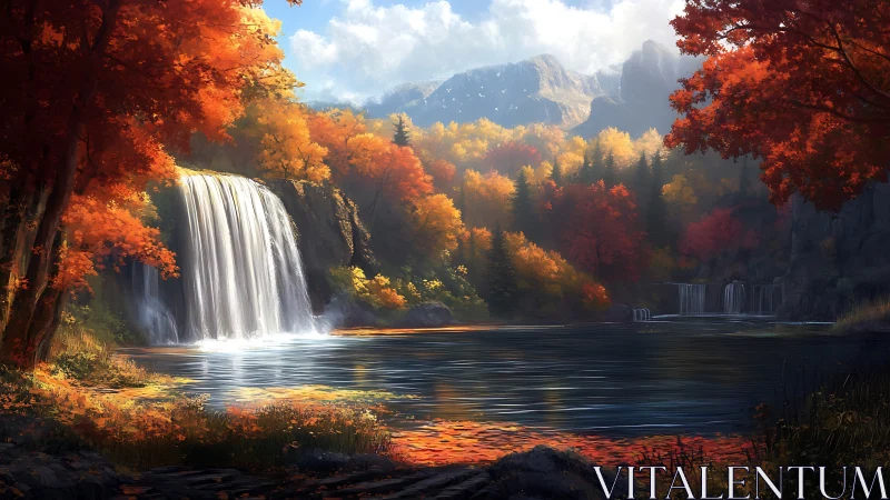 Autumn waterfall valley under bright mountain light.