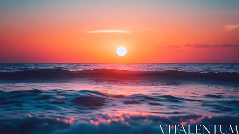 Vibrant ocean sunset over rolling waves in warm light.