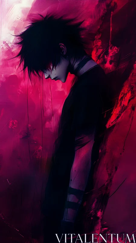 Somber anime boy rests in vivid red and purple shadows