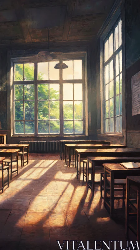 Sunlit empty classroom with long evening shadows.