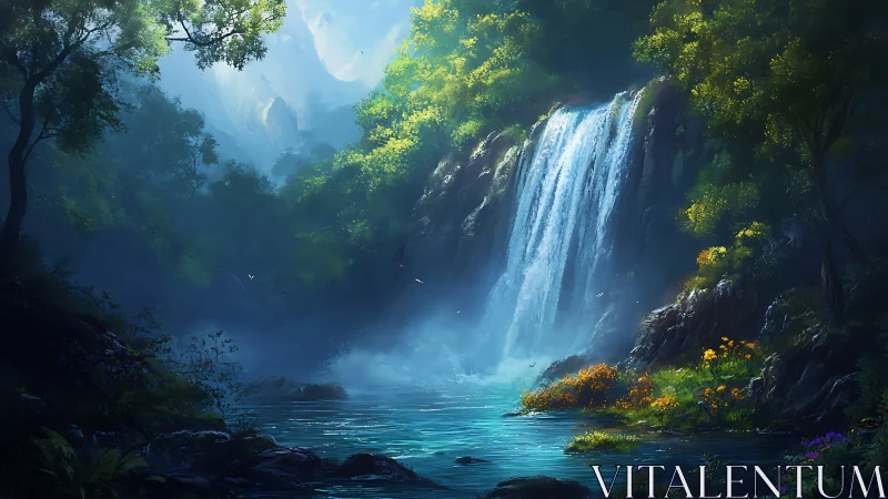 Sunlit forest waterfall over tranquil turquoise pool.