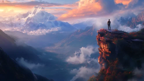 Lone figure observes vast misty mountains at sunrise.