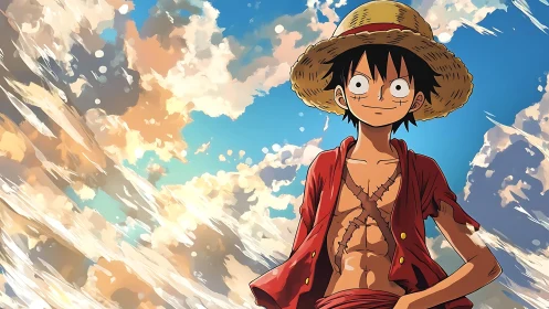 Cheerful straw-hatted adventurer under glowing summer skies.