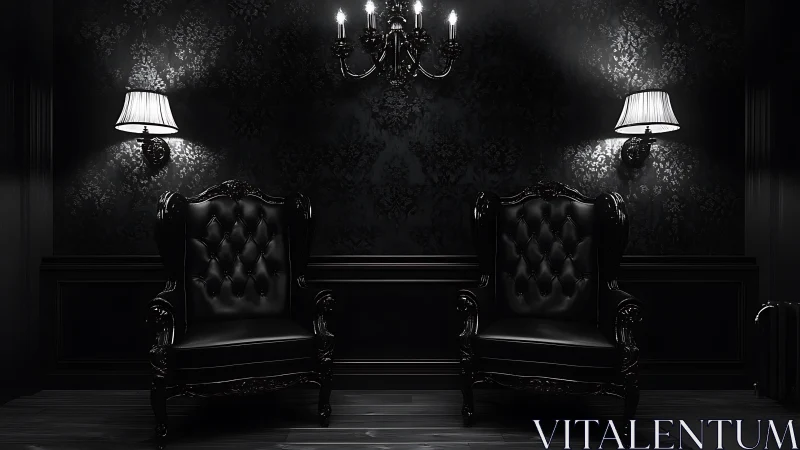 Black leather armchairs anchor moody baroque lounge interior.