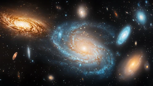 Spiral galaxies drift through dense starfield in deep space