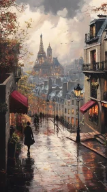 Rain-soaked Parisian street with Eiffel Tower at moody dusk