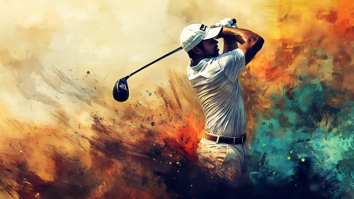 Golfer completes a powerful swing in explosive color bursts