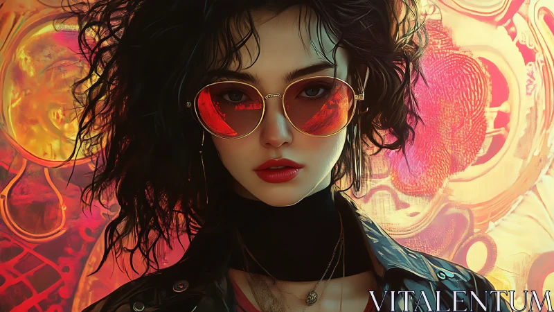 Neon-lit portrait of a woman in reflective red sunglasses