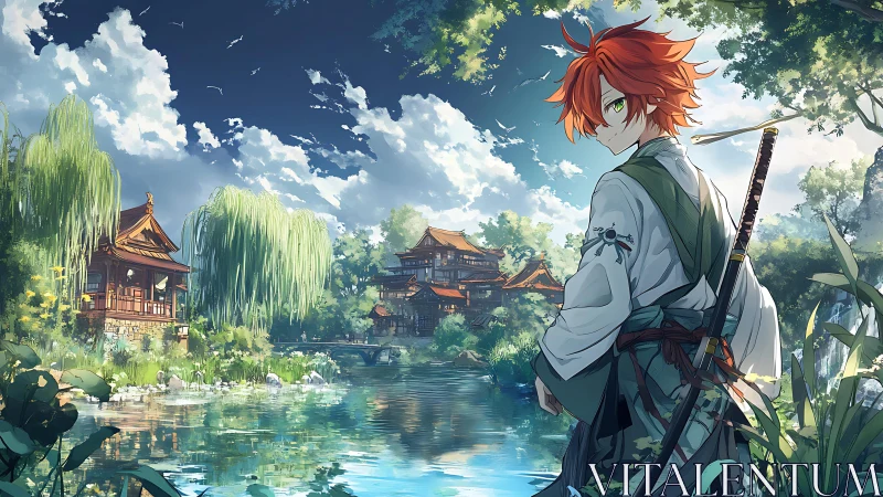 Red haired swordsman overlooks tranquil riverside temple village