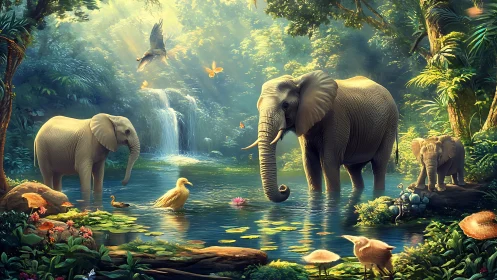 Elephants share luminous jungle pool under cascading waterfall