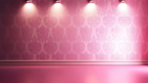 Soft pink gallery wall glows gently under warm spotlights