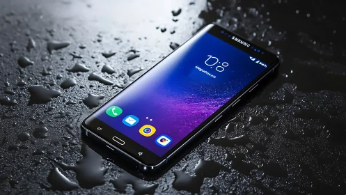 Samsung Galaxy Smartphone Displaying Gradient Interface on Wet Surface
