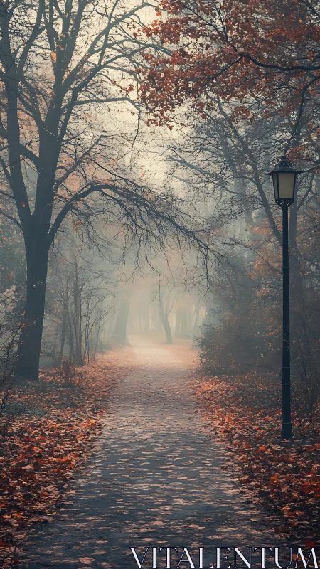 Misty Autumn Park Path with Vintage Lamppost.