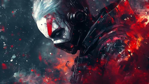 Armored masked figure in red and blue abstract environment.