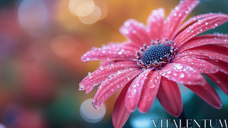 Gerbera Daisy with Water Droplets in Warm Bokeh Setting.