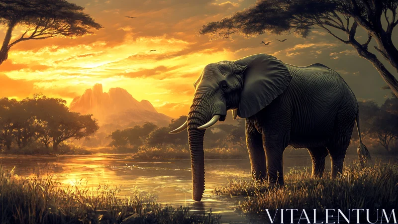 Golden sunset welcomes a peaceful elephant at riverside
