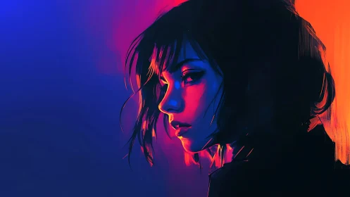 Neon-lit woman in profile bathed in vivid dual lighting.